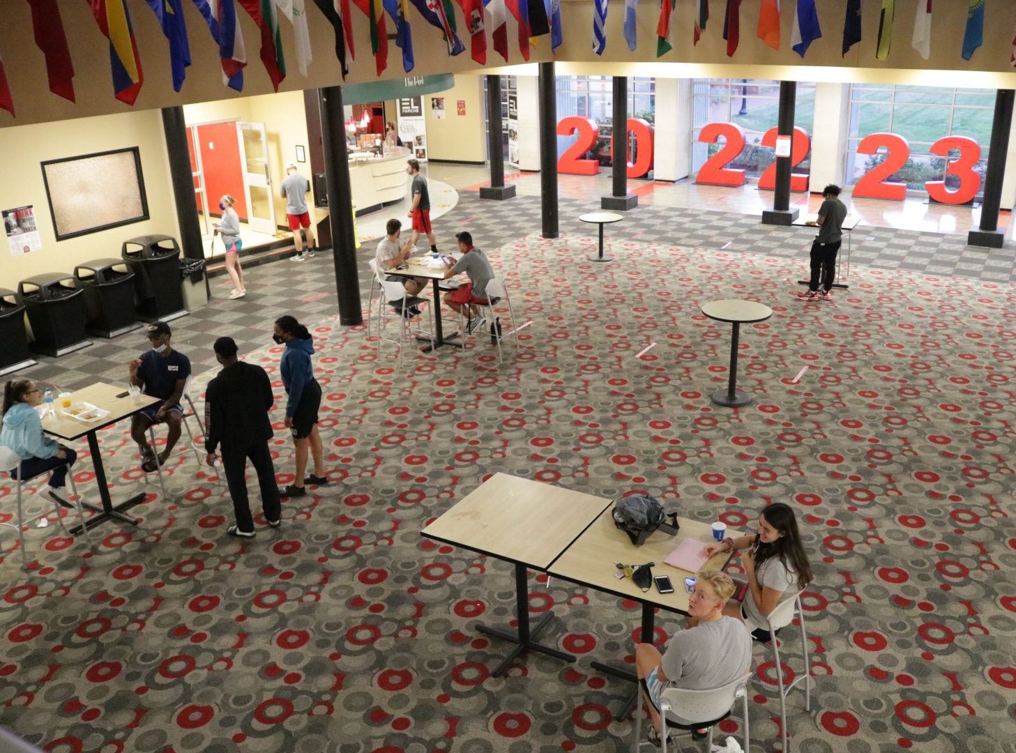 The Shreve Atrium of Schwitzer Student Center looks different from past years as tables and chairs were moved out of the atrium in order to follow social distancing guidelines.