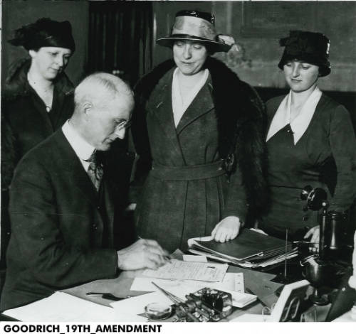 Former Indiana Govenor James P. Goodrich signs the document to ratify Indiana's passage of the 19th Amendment to the U.S. Constitution on Jan. 16, 1920.