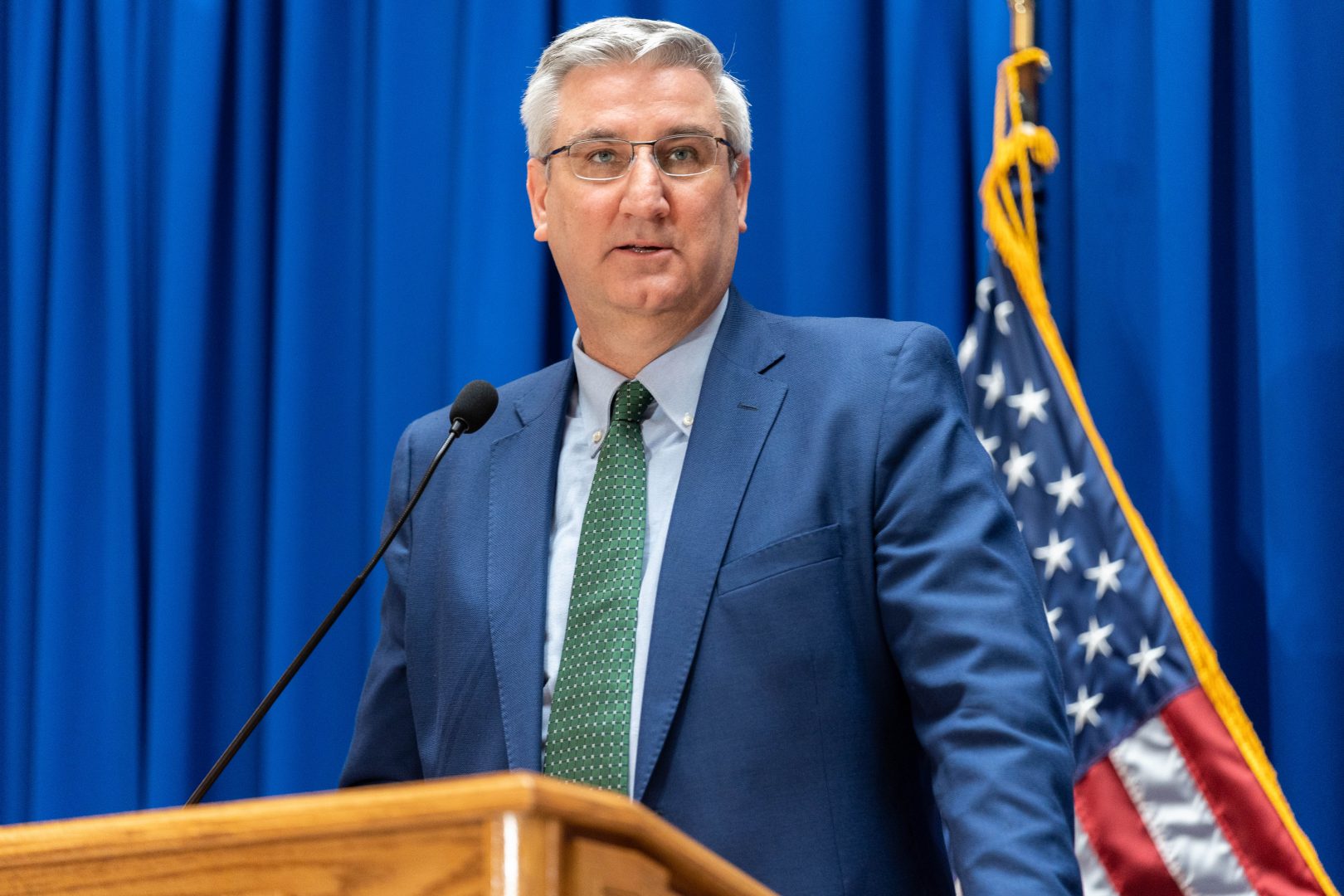 Indiana Gov. Eric Holcomb speaks to the media.