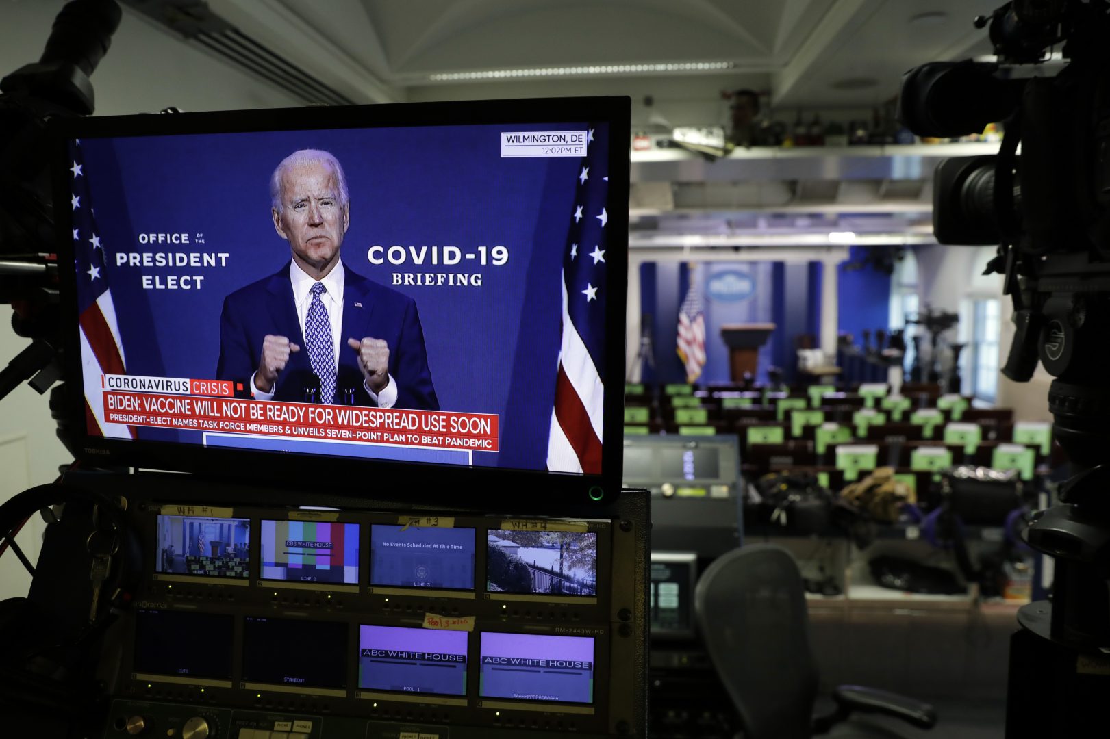 Democratic President-elect Joe Biden is seen during his statement on television monitors in the briefing room at the White House in Washington on November 9, 2020.