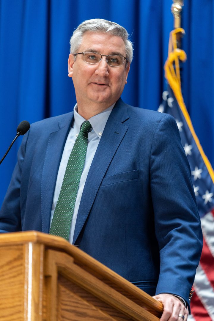 Indiana Gov. Eric Holcomb speaks to the media during a press conference about the COVID-19 pandemic on March 24, 2020. Holcomb was re-elected on Nov. 3, 2020.