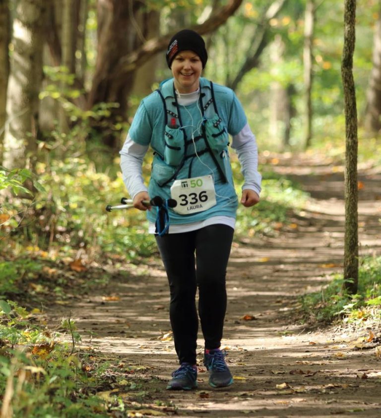 The University of Indianapolis’ Laura Santurri runs a 50-mile race in October 2018. In October, Santurri ran 160 miles across Indiana to raise money for a scholarship fund.