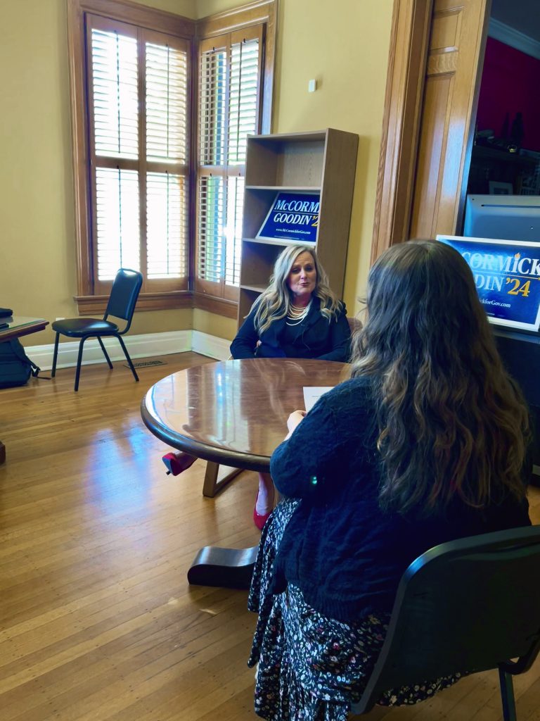 Jennifer McCormick being interviewed by The Reflector's Editor-in-Chief, Mia Lehmkuhl