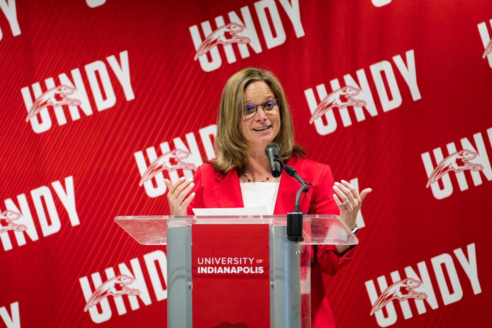 New Athletic Director Kim Pate speaks at UIndy