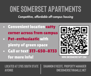 One Somerset Apartments | Competitive, affordable off-campus housing. Convenient location catty corner across from campus. Pet-enthusiastic with plenty of green space. Call or text 317-650-8733 for more info!