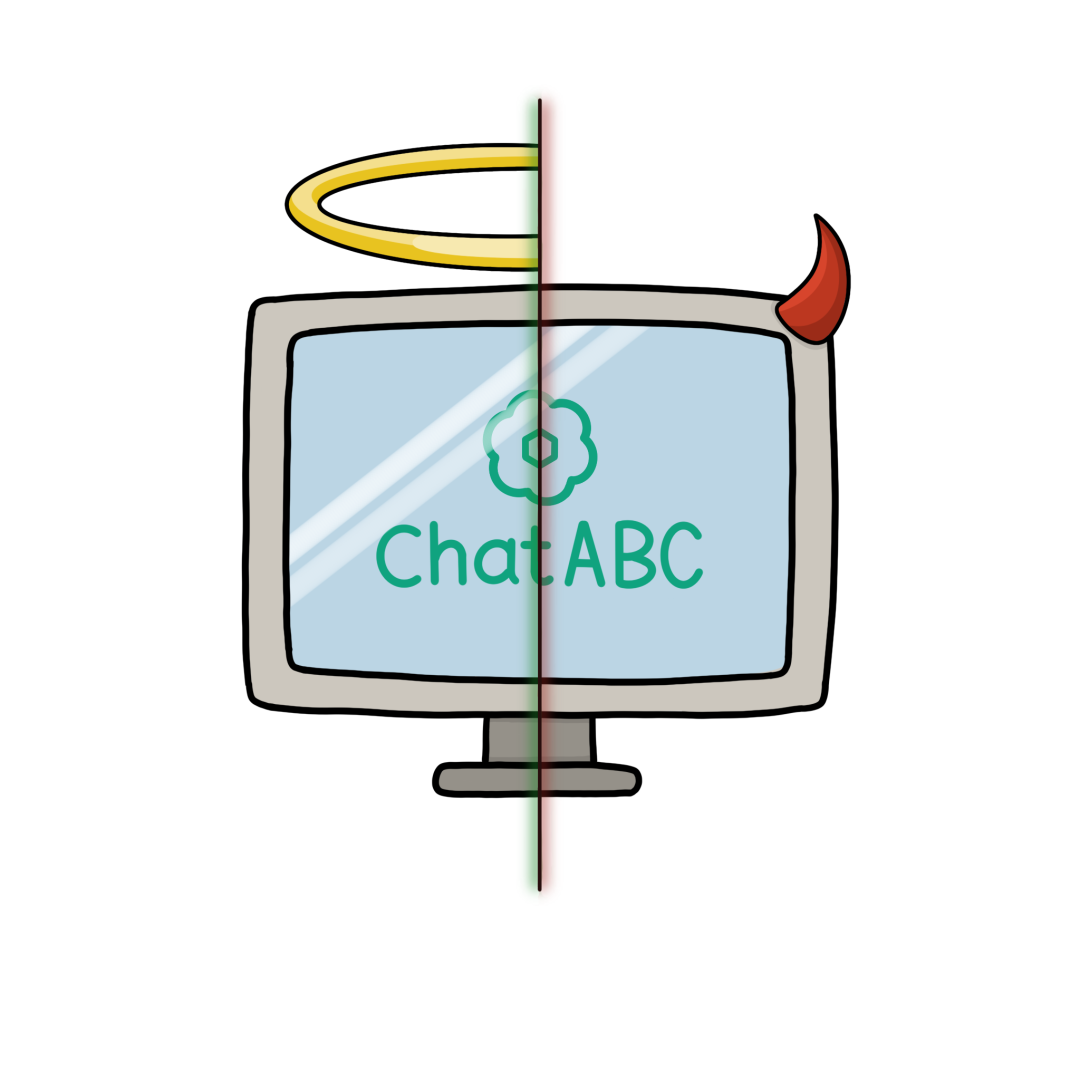 Chat ABC with a half halo and half horn on a computer screen