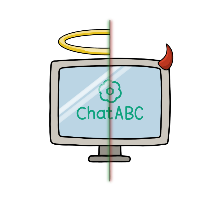 Chat ABC with a half halo and half horn on a computer screen