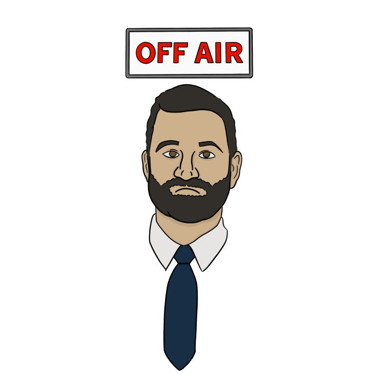 Late night talk show host with "off air" sign above him.