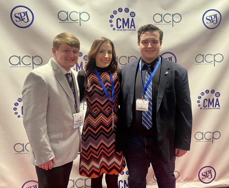 Logan McInnes, Katie Greenan and Luke Cooper pose for a photo on the MediaFest25 red carpet. The Reflector attended conference sessions where professionals shared their insights.