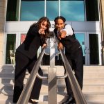 The new Student Government Association President and Vice President elects, Johara El-Shahat and Avery Allen, pose outside the front doors of Esch Hall. They will be taking over SGA leadership following the graduation of current SGA President, Jotan Johnson, in May.