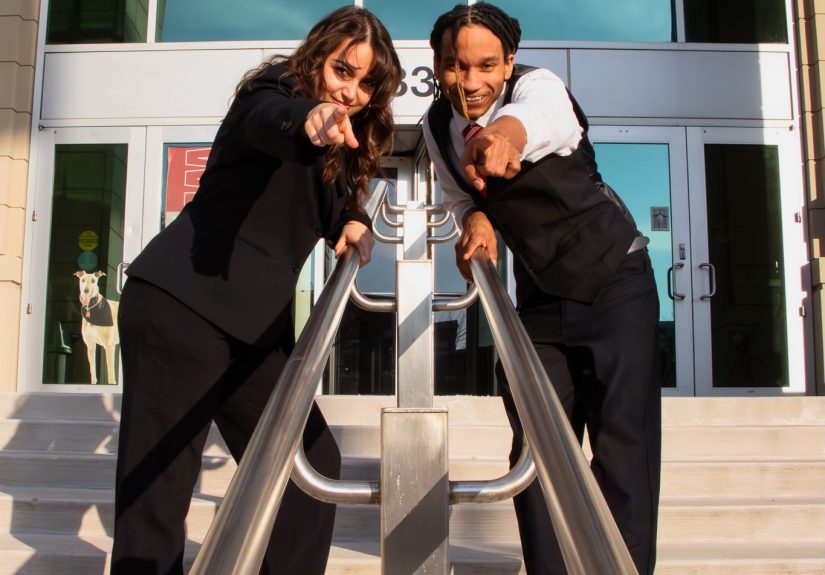 The new Student Government Association President and Vice President elects, Johara El-Shahat and Avery Allen, pose outside the front doors of Esch Hall. They will be taking over SGA leadership following the graduation of current SGA President, Jotan Johnson, in May.